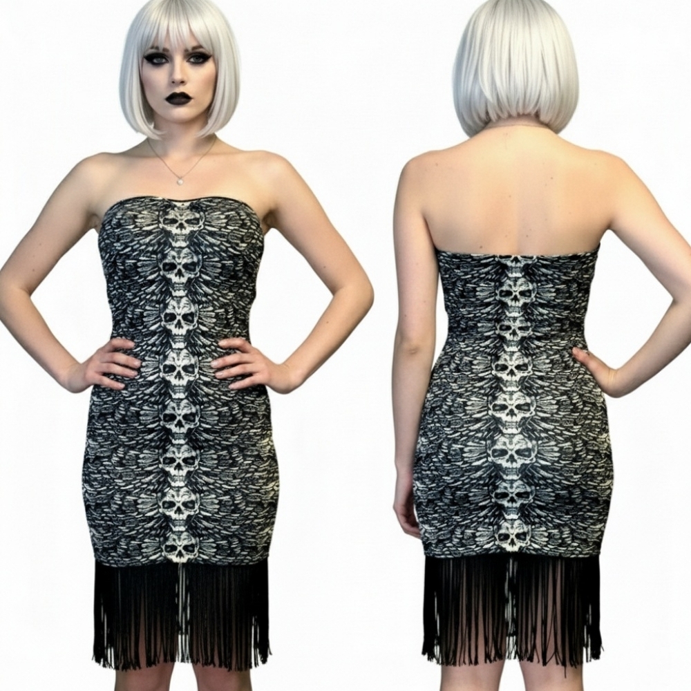Vtg Lip Service white blk graphic skull wings tube top bodycon fringe dress XL